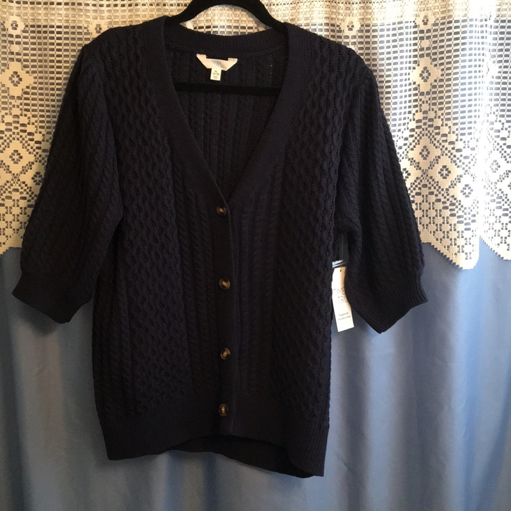 Women's New Navy Cable-Textured Button Cardigan Sweater